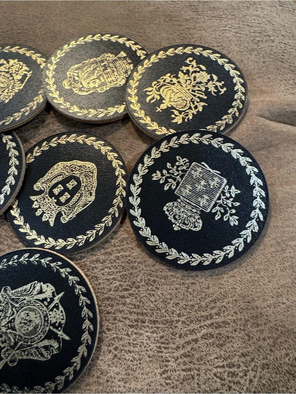 Decorative Black and Gold Leather Coasters - Set of 8